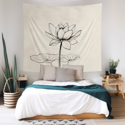 Lotus Flower Line Art Wall Tapestry, Elegant Botanical Illustration, Peaceful Zen Decor for Yoga Space, Bedroom, or Living Area