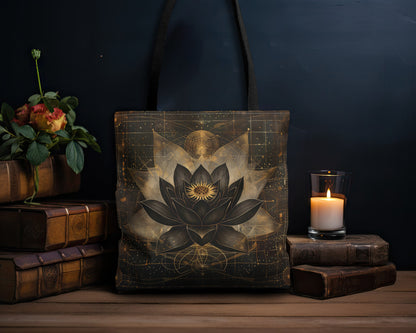 Black Lotus Blossom Polyester Tote Bag (Double Sided), Dark Occult and Sacred Geometry Inspired, Polyester with Black Handles in 3 Sizes