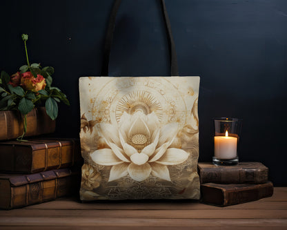 White Lotus Blossom Double Sided Tote Bag, Ancient Occult Aesthetic, Zen Nature Fashion Style, 3 Sizes, Black Handles