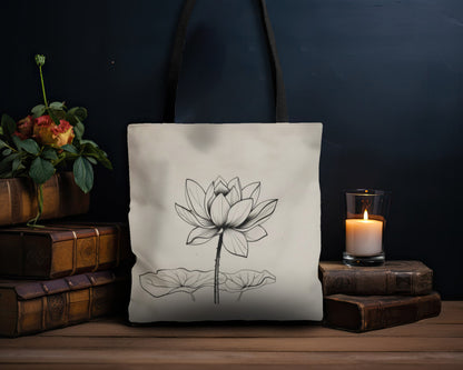 Lotus Flower Line Art Tote Bag (3 Sizes), Elegant Botanical Illustration, Peaceful Zen Fashion Style, Black Handles, Minimalist Aesthetic