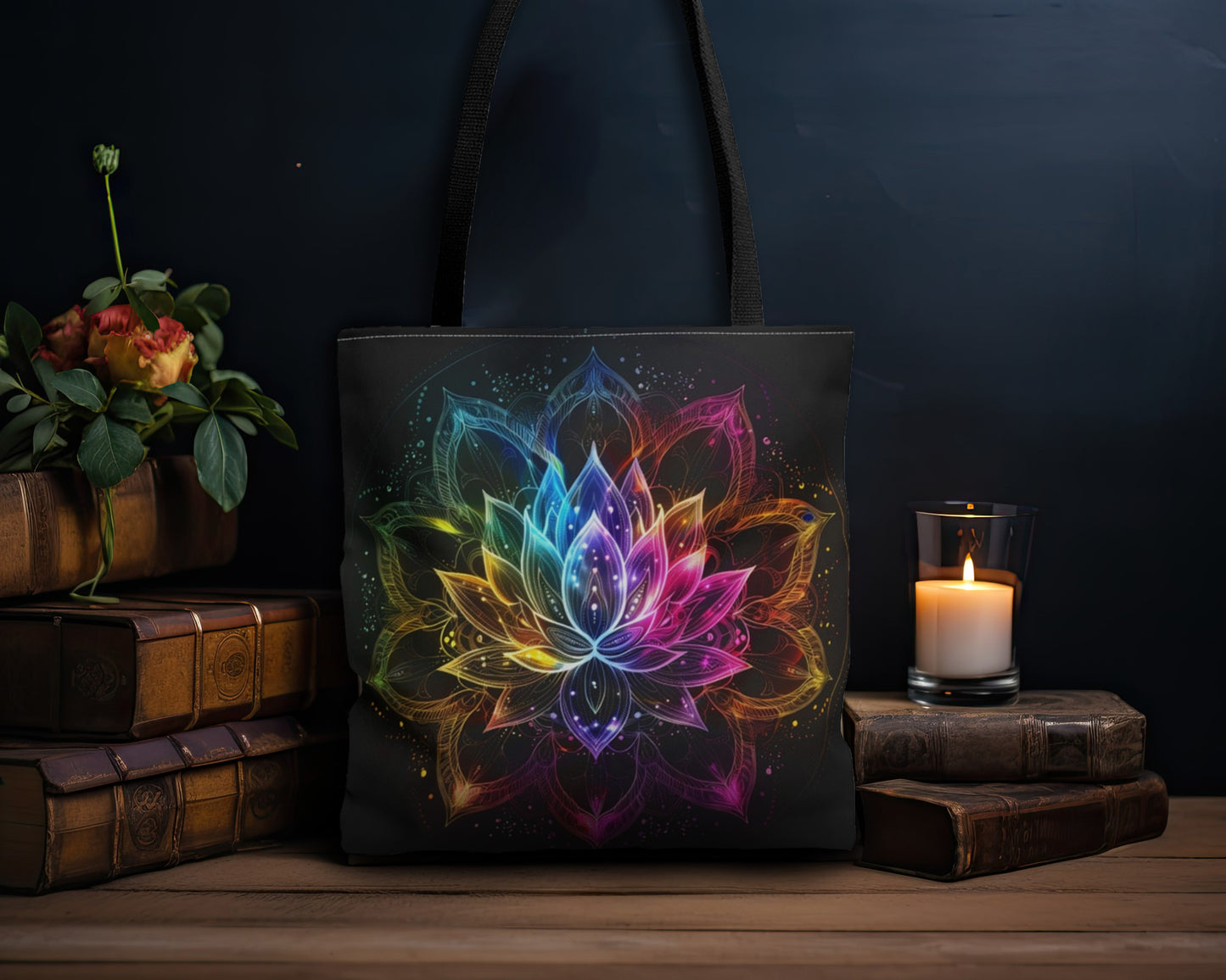 Luminous Lotus Double-Sided Tote Bag, Vibrant Energy Motif, Radiant Floral Mandala, Cosmic Bloom Design, Ethereal Color Spectrum Accessory