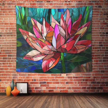 Stained Glass Lotus Flower Wall Tapestry, Radiant Botanical Design, Serene Ambiance Enhancer for Meditation and Living Spaces, Home Decor