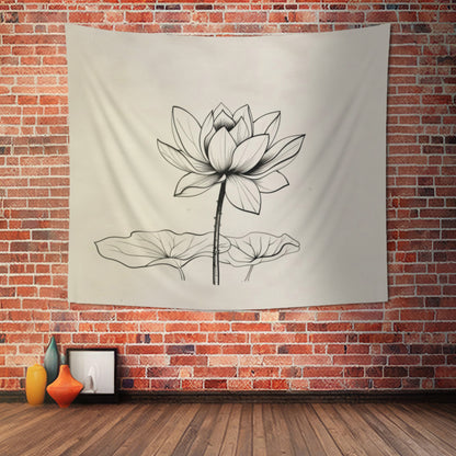 Lotus Flower Line Art Wall Tapestry, Elegant Botanical Illustration, Peaceful Zen Decor for Yoga Space, Bedroom, or Living Area