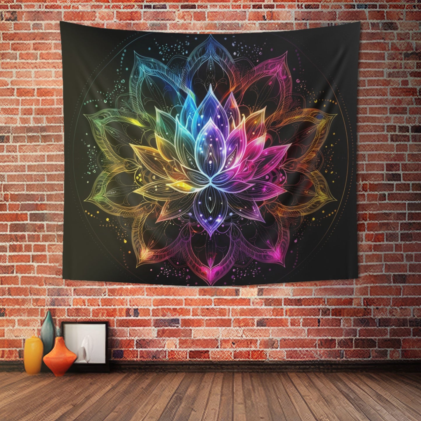 Luminous Lotus Indoor Wall Tapestry, Vibrant Energy Motif, Radiant Floral Mandala, Cosmic Bloom Design, Ethereal Color Spectrum Wall Art