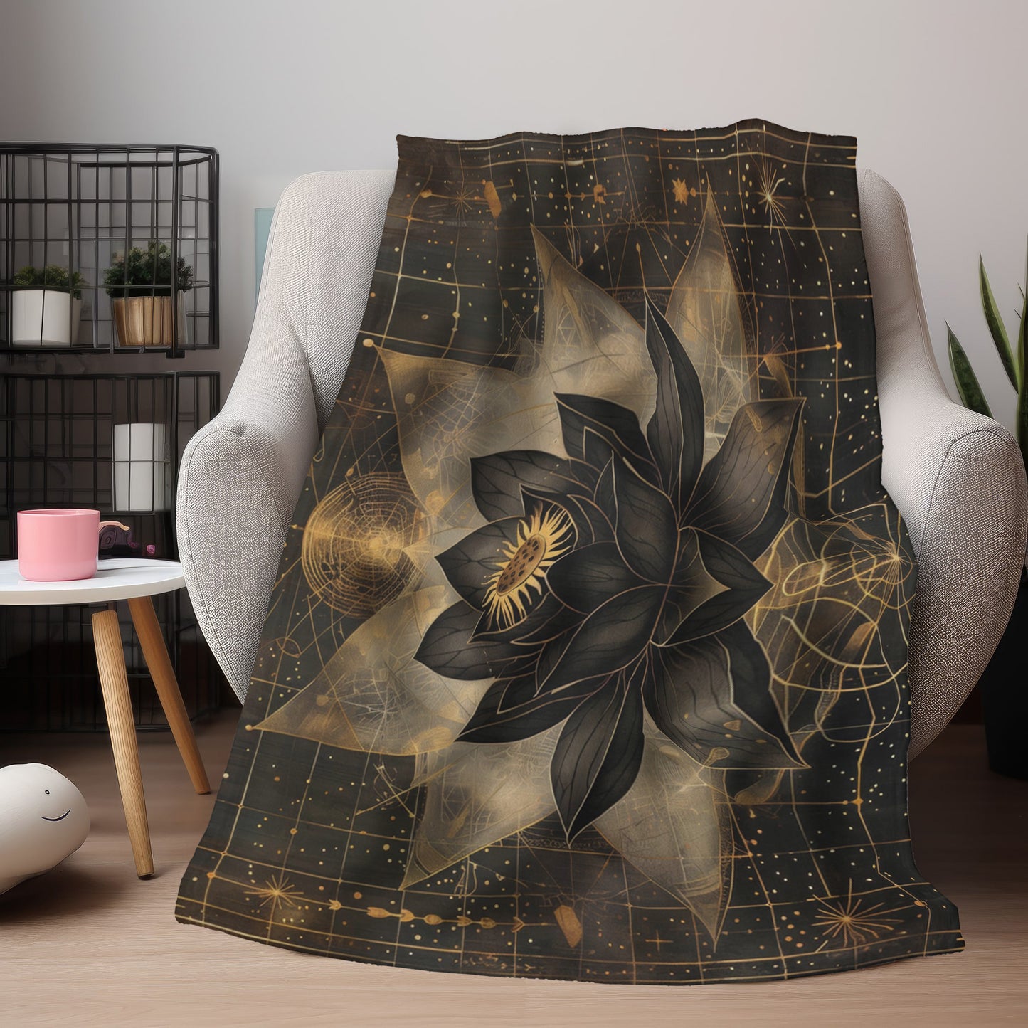 Black Lotus Blossom Dual-Sided Throw Blanket – Occult and Sacred Geometry Home Decor