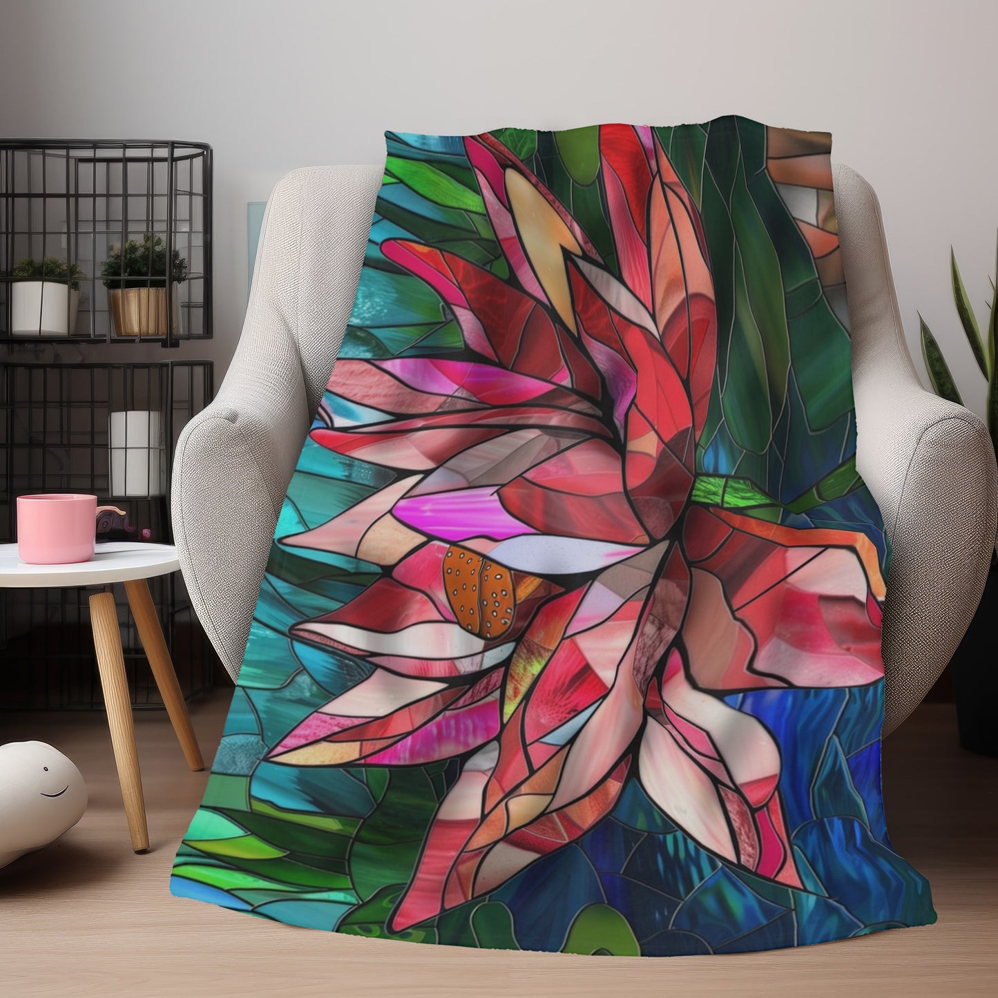 Stained Glass Lotus Blossom Double-Sided Throw Blanket, Vibrant Floral Comfort, Cozy Home Accent for Lounge & Relaxation Spaces