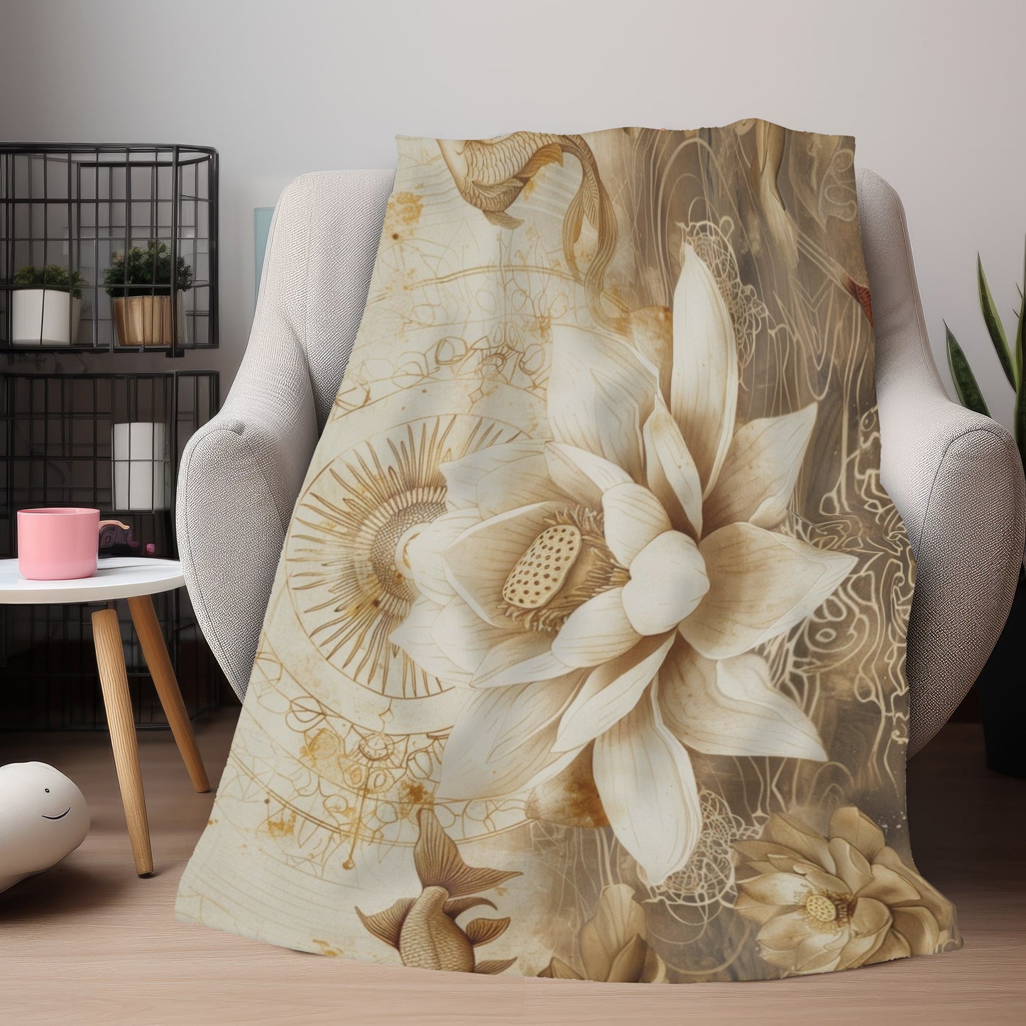 White Lotus Blossom Double Sided Throw Blanket, Ancient Occult Aesthetic, Zen Nature Style Living, Dorm & Bed Room Decor