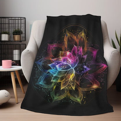 Luminous Lotus Double-Sided Throw Blanket, Vibrant Energy Motif, Radiant Floral Mandala, Cosmic Bloom Design, Ethereal Color Spectrum Art