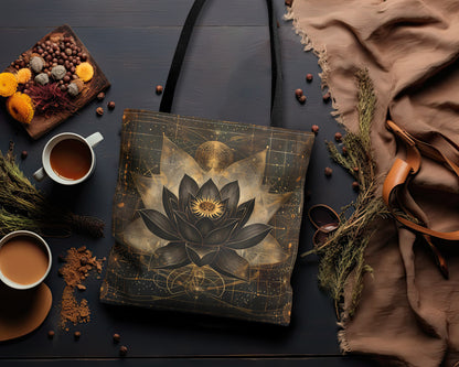 Black Lotus Blossom Polyester Tote Bag (Double Sided), Dark Occult and Sacred Geometry Inspired, Polyester with Black Handles in 3 Sizes