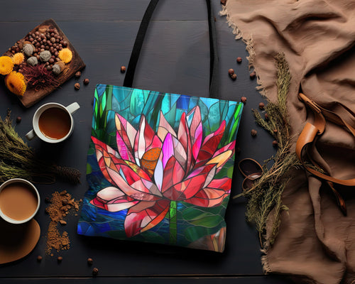 Stained Glass Lotus Elegance Tote Bag with Black Handles, Vibrant Floral Carryall, Chic Accessory for Stylish Outings & Market Visits