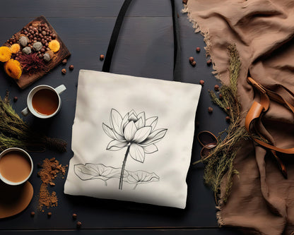 Lotus Flower Line Art Tote Bag (3 Sizes), Elegant Botanical Illustration, Peaceful Zen Fashion Style, Black Handles, Minimalist Aesthetic