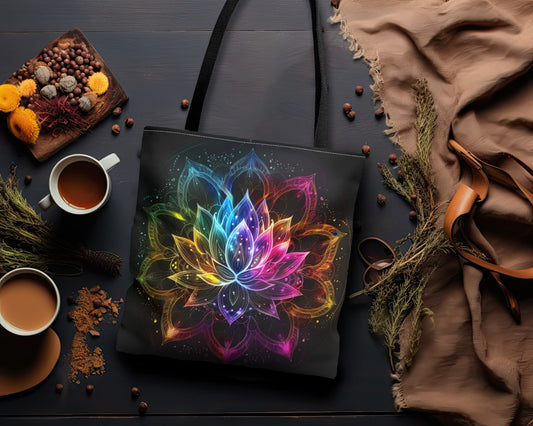 Luminous Lotus Double-Sided Tote Bag, Vibrant Energy Motif, Radiant Floral Mandala, Cosmic Bloom Design, Ethereal Color Spectrum Accessory