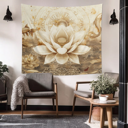 White Lotus Blossom Indoor Wall Tapestry, Ancient Occult Aesthetic Altar Cloth, Zen Nature Style Living, Dorm & Bed Room Decor