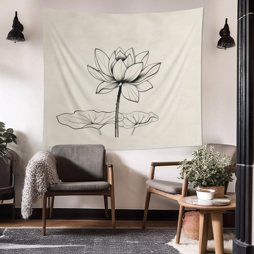 Lotus Flower Line Art Wall Tapestry, Elegant Botanical Illustration, Peaceful Zen Decor for Yoga Space, Bedroom, or Living Area