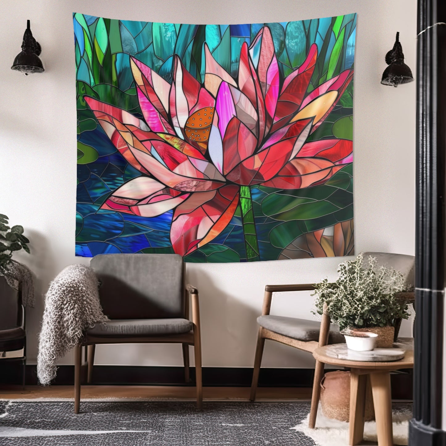 Stained Glass Lotus Flower Wall Tapestry, Radiant Botanical Design, Serene Ambiance Enhancer for Meditation and Living Spaces, Home Decor