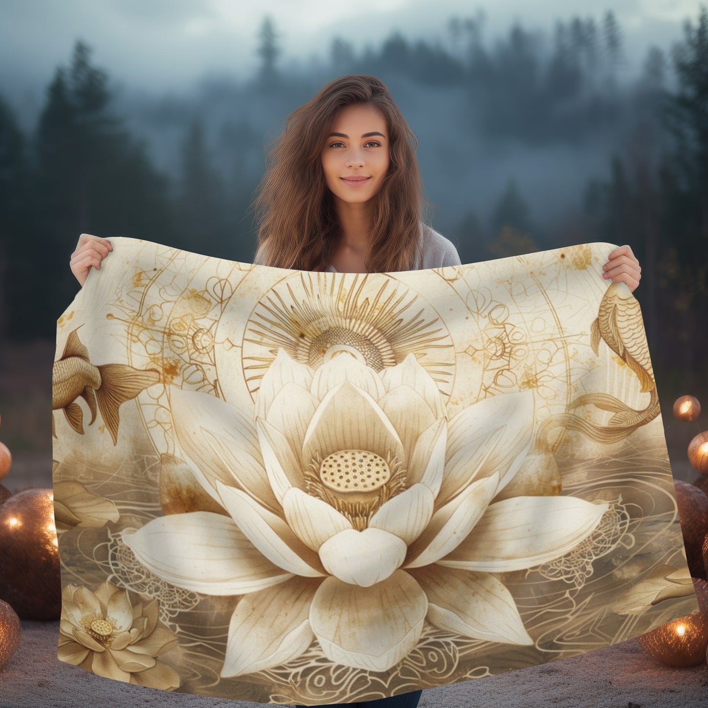 White Lotus Blossom Double Sided Throw Blanket, Ancient Occult Aesthetic, Zen Nature Style Living, Dorm & Bed Room Decor