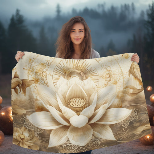 White Lotus Blossom Double Sided Throw Blanket, Ancient Occult Aesthetic, Zen Nature Style Living, Dorm & Bed Room Decor