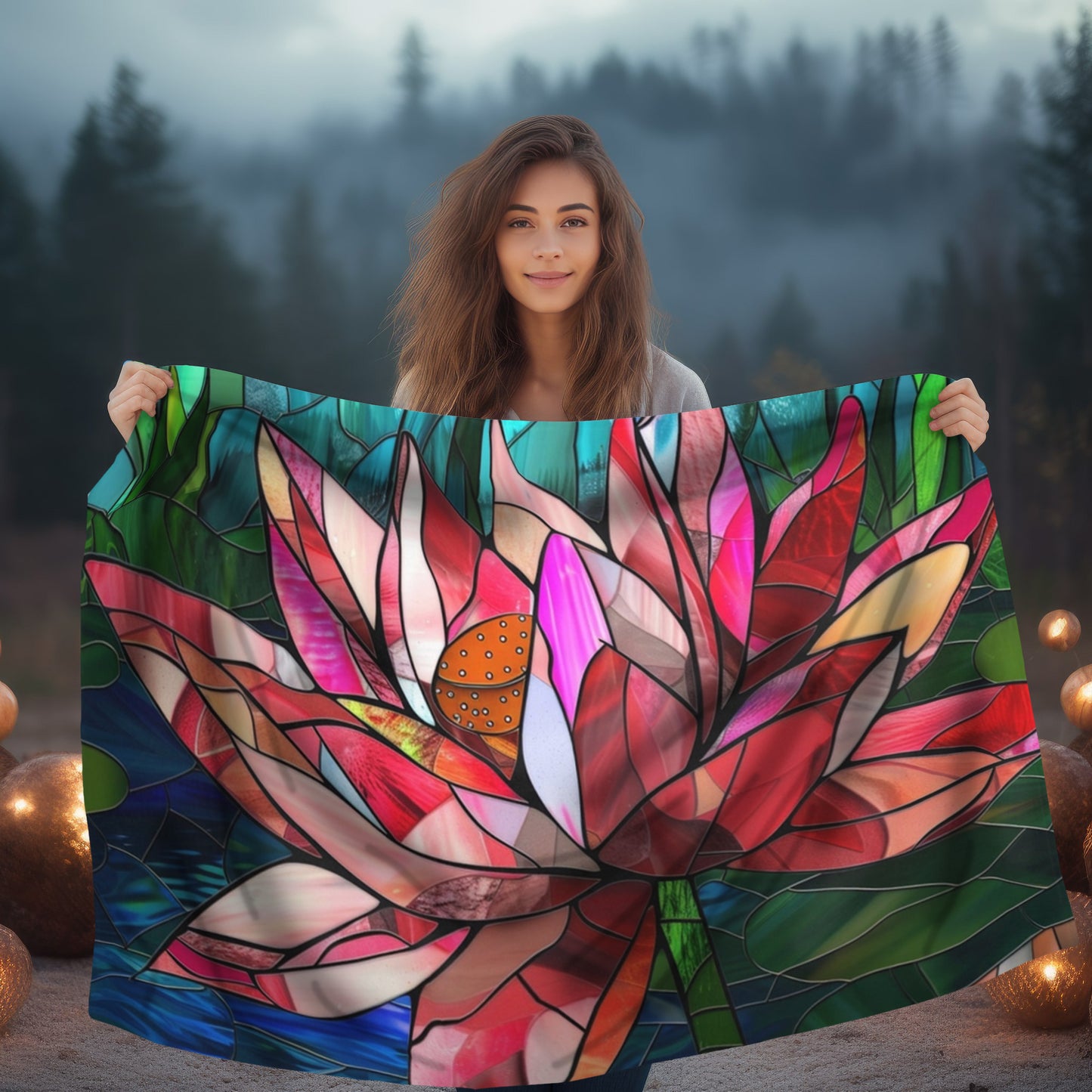 Stained Glass Lotus Blossom Double-Sided Throw Blanket, Vibrant Floral Comfort, Cozy Home Accent for Lounge & Relaxation Spaces