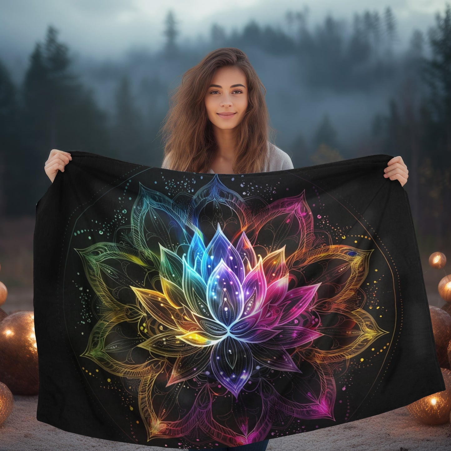 Luminous Lotus Double-Sided Throw Blanket, Vibrant Energy Motif, Radiant Floral Mandala, Cosmic Bloom Design, Ethereal Color Spectrum Art