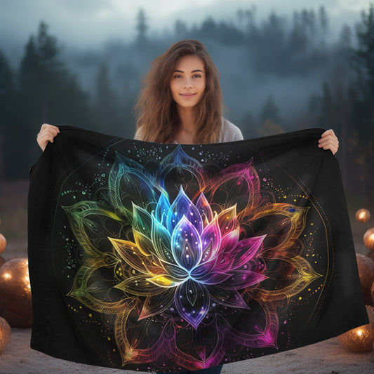 Luminous Lotus Double-Sided Throw Blanket, Vibrant Energy Motif, Radiant Floral Mandala, Cosmic Bloom Design, Ethereal Color Spectrum Art