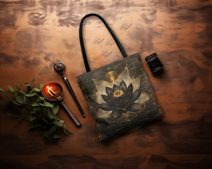 Black Lotus Blossom Polyester Tote Bag (Double Sided), Dark Occult and Sacred Geometry Inspired, Polyester with Black Handles in 3 Sizes