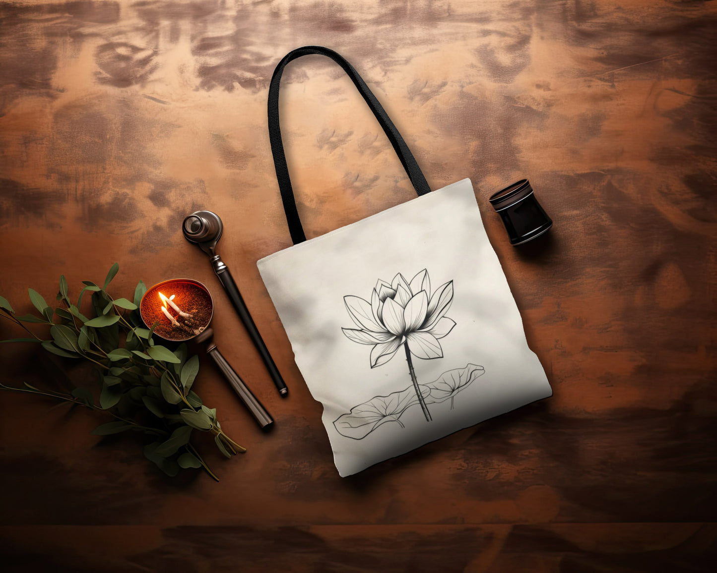 Lotus Flower Line Art Tote Bag (3 Sizes), Elegant Botanical Illustration, Peaceful Zen Fashion Style, Black Handles, Minimalist Aesthetic