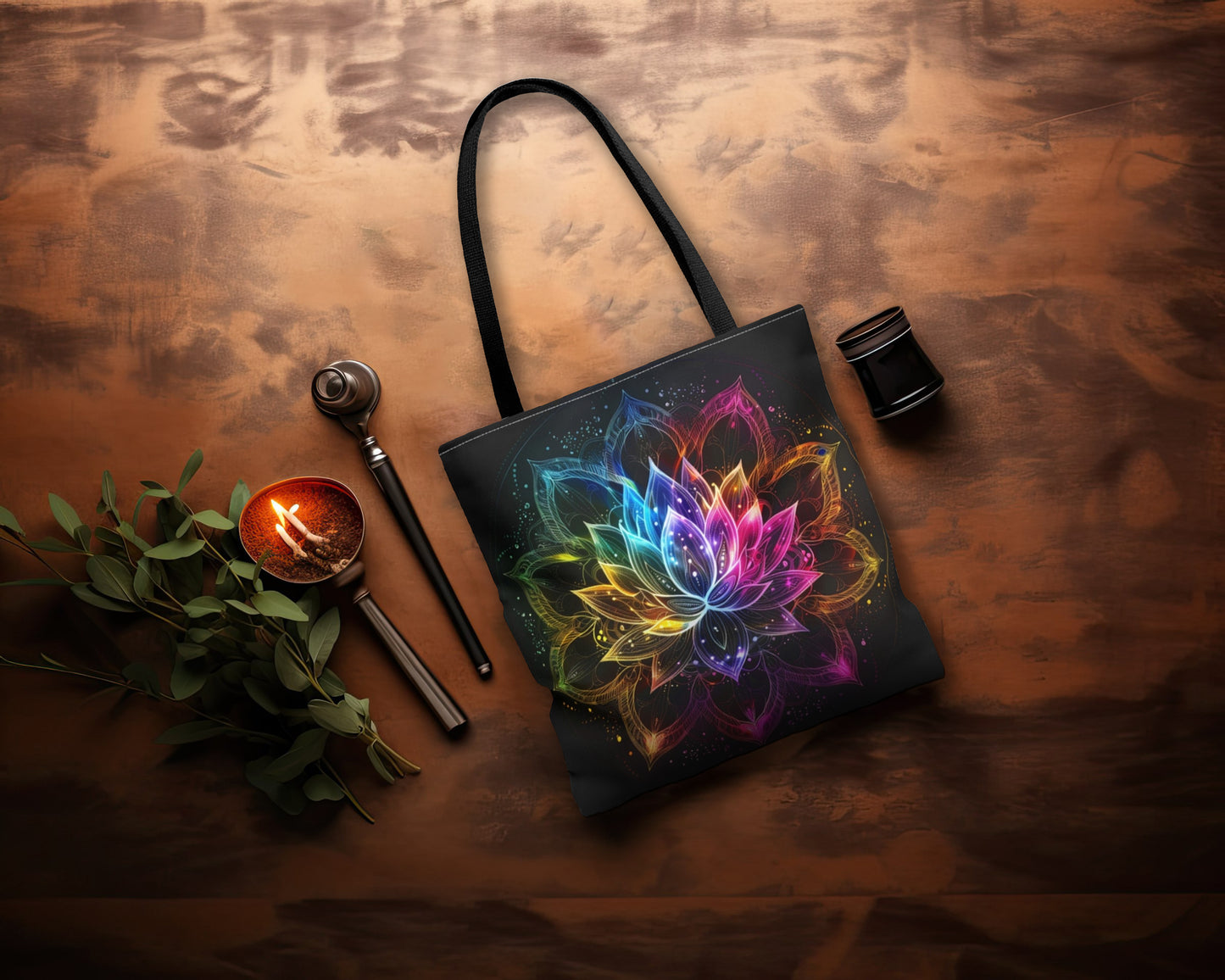 Luminous Lotus Double-Sided Tote Bag, Vibrant Energy Motif, Radiant Floral Mandala, Cosmic Bloom Design, Ethereal Color Spectrum Accessory