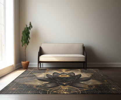 Black Lotus Blossom Polyester Chenille Area Rug (3 Sizes),  Sacred Geometry Aesthetic, Dark Occult Bedroom, Living Room & Dorm Room Decor