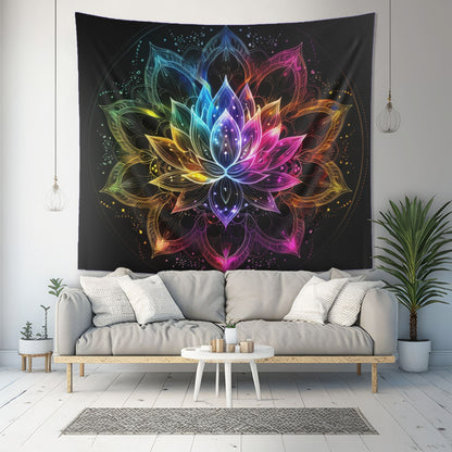 Luminous Lotus Indoor Wall Tapestry, Vibrant Energy Motif, Radiant Floral Mandala, Cosmic Bloom Design, Ethereal Color Spectrum Wall Art