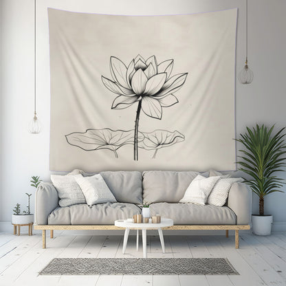 Lotus Flower Line Art Wall Tapestry, Elegant Botanical Illustration, Peaceful Zen Decor for Yoga Space, Bedroom, or Living Area