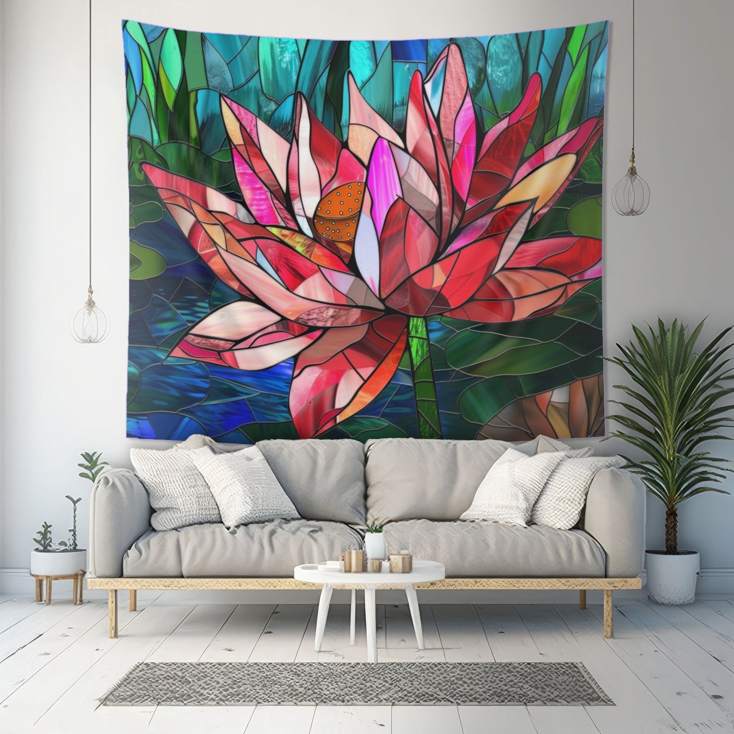 Stained Glass Lotus Flower Wall Tapestry, Radiant Botanical Design, Serene Ambiance Enhancer for Meditation and Living Spaces, Home Decor