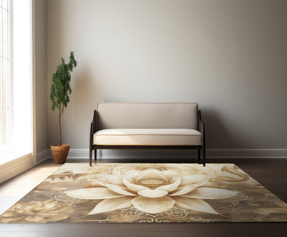 White Lotus Blossom Indoor Chenille Area Rug (3 Sizes), Ancient Occult Aesthetic, Zen Nature Style Living, Dorm & Bed Room Decor