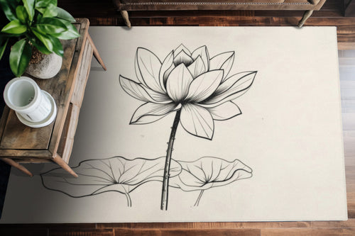 Lotus Flower Line Art Chenille Area Rug, Elegant Botanical Illustration, Peaceful Zen Decor for Yoga Space, Bedroom, or Living Area