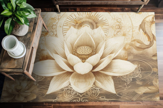 White Lotus Blossom Indoor Chenille Area Rug (3 Sizes), Ancient Occult Aesthetic, Zen Nature Style Living, Dorm & Bed Room Decor