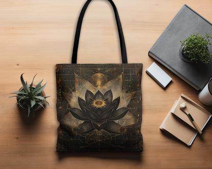 Black Lotus Blossom Polyester Tote Bag (Double Sided), Dark Occult and Sacred Geometry Inspired, Polyester with Black Handles in 3 Sizes