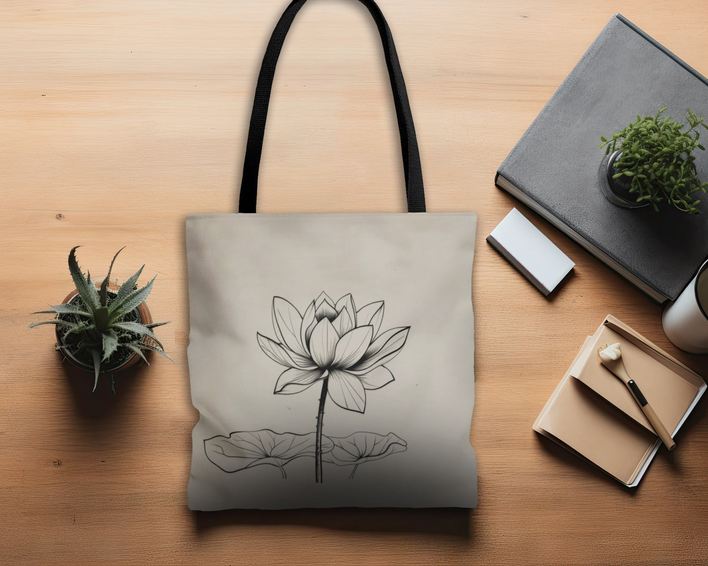 Lotus Flower Line Art Tote Bag (3 Sizes), Elegant Botanical Illustration, Peaceful Zen Fashion Style, Black Handles, Minimalist Aesthetic