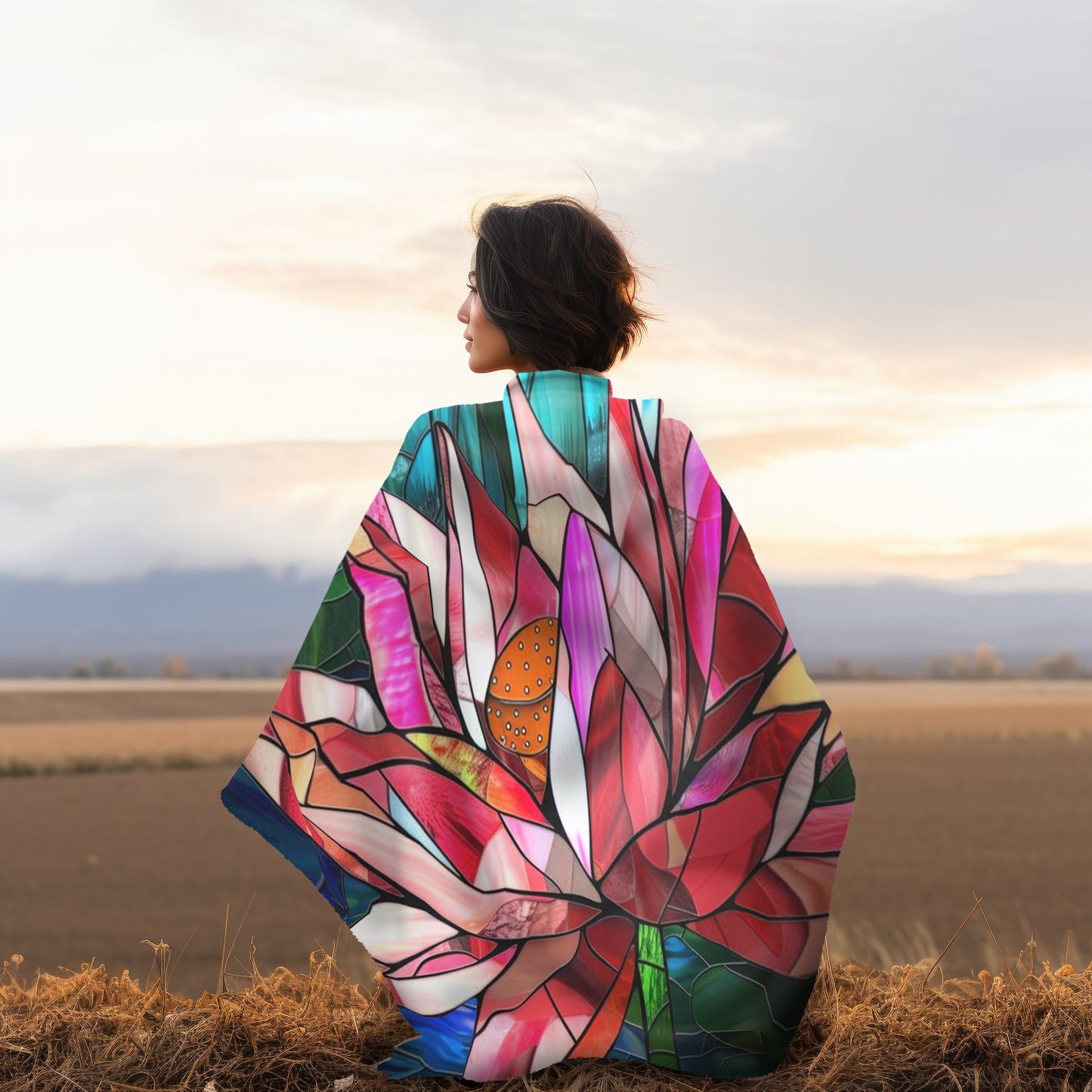 Stained Glass Lotus Blossom Double-Sided Throw Blanket, Vibrant Floral Comfort, Cozy Home Accent for Lounge & Relaxation Spaces