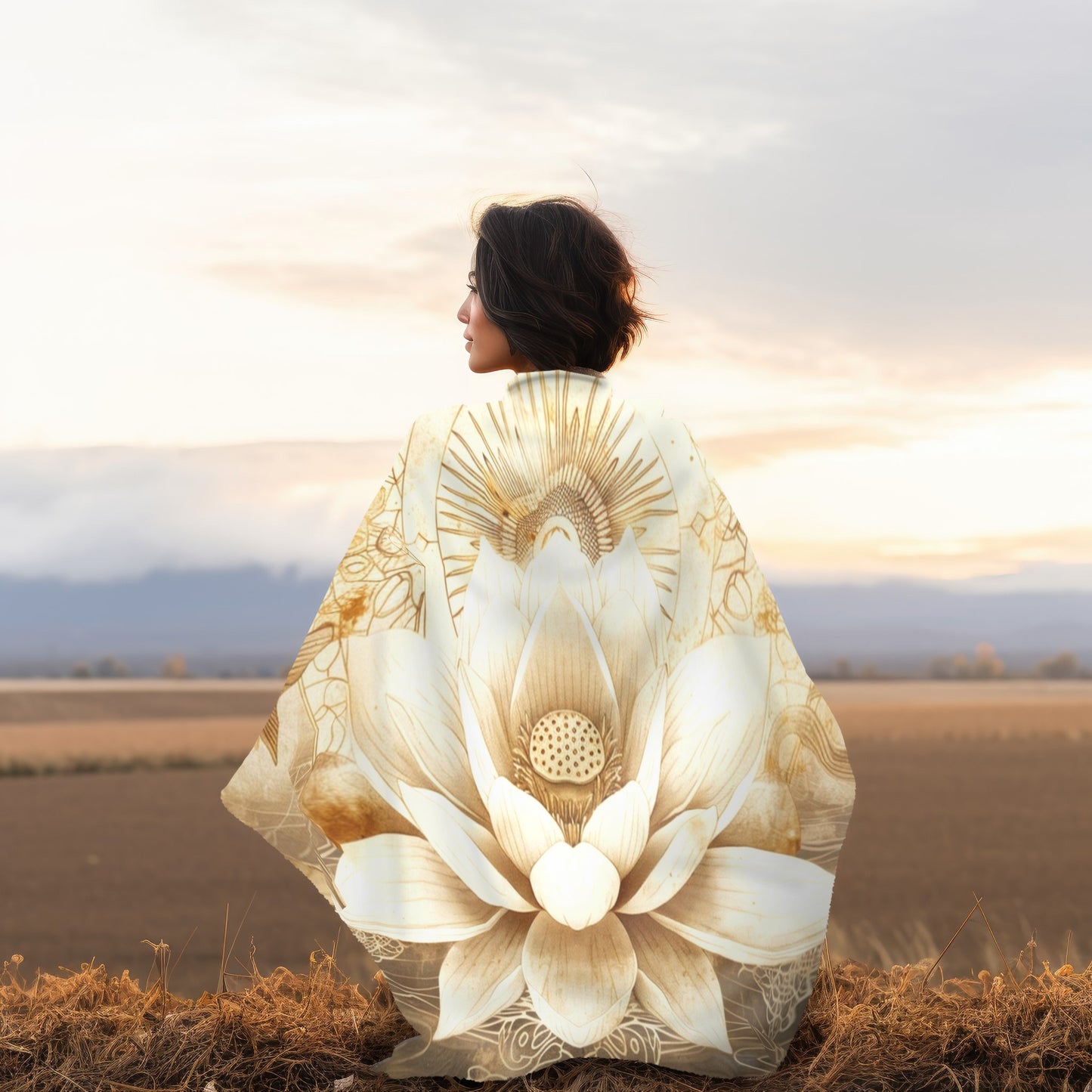 White Lotus Blossom Double Sided Throw Blanket, Ancient Occult Aesthetic, Zen Nature Style Living, Dorm & Bed Room Decor