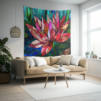 Stained Glass Lotus Flower Wall Tapestry, Radiant Botanical Design, Serene Ambiance Enhancer for Meditation and Living Spaces, Home Decor