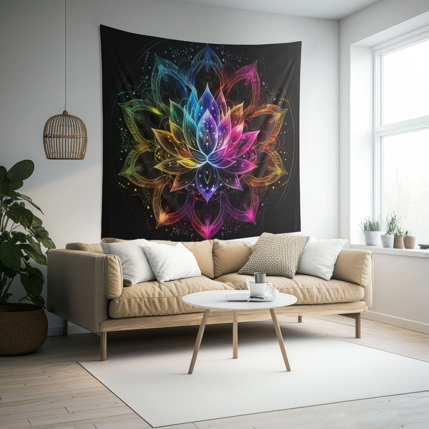 Luminous Lotus Indoor Wall Tapestry, Vibrant Energy Motif, Radiant Floral Mandala, Cosmic Bloom Design, Ethereal Color Spectrum Wall Art