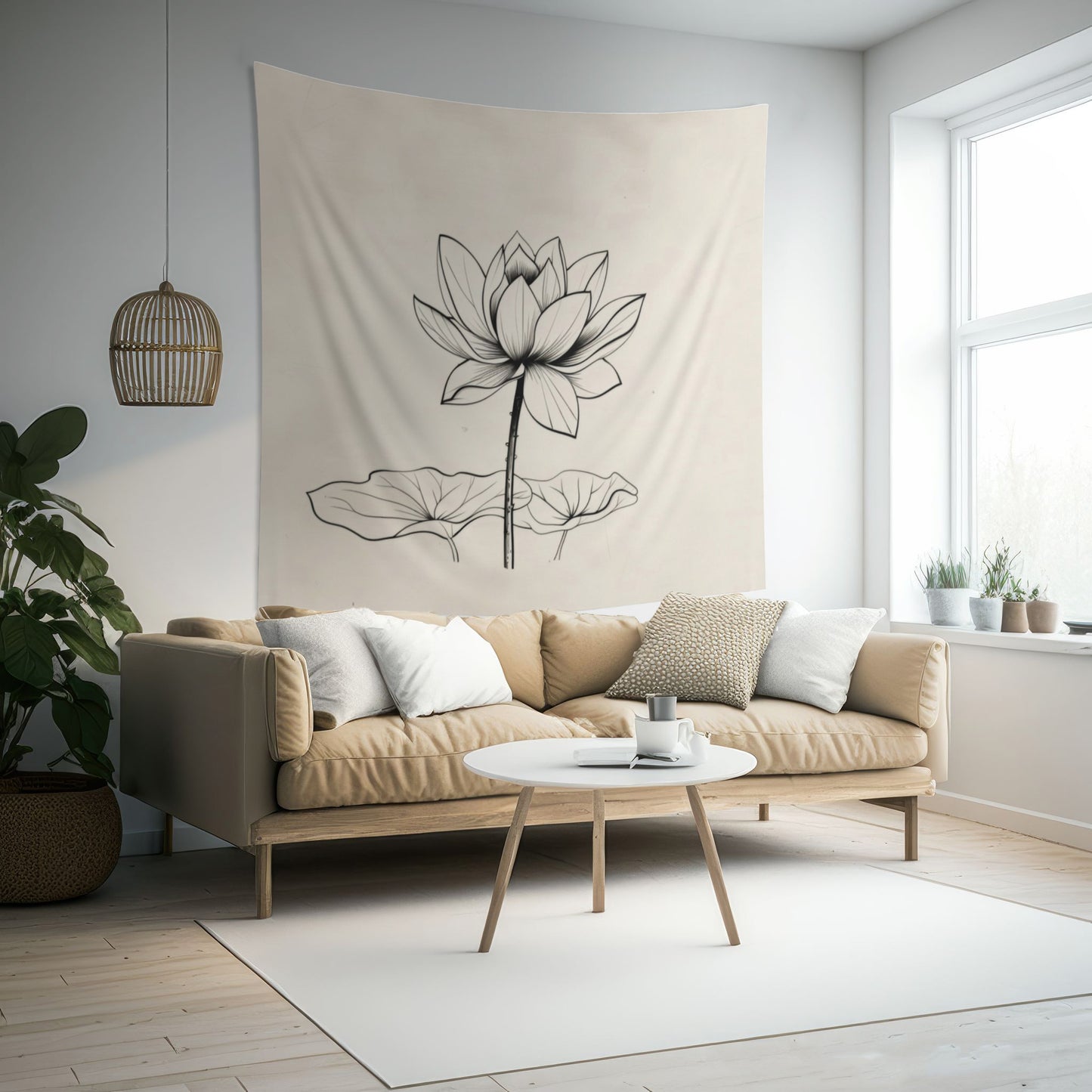 Lotus Flower Line Art Wall Tapestry, Elegant Botanical Illustration, Peaceful Zen Decor for Yoga Space, Bedroom, or Living Area