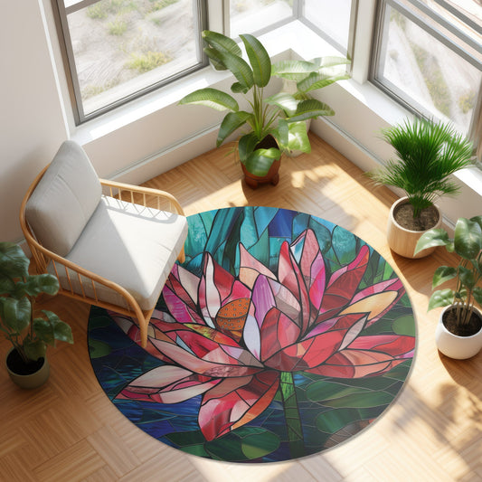 Stained Glass Lotus Flower Round Area Rug, Vibrant Floral Meditation Mat, Zen Yoga Space, Colorful Home and Living Room Decor