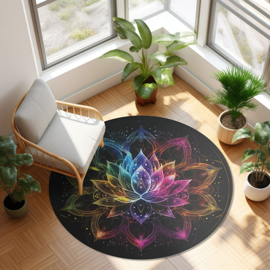 Luminous Lotus Round Chenille Area Rug, Vibrant Energy Motif, Radiant Floral Mandala, Cosmic Bloom Design, Ethereal Color Spectrum Decor