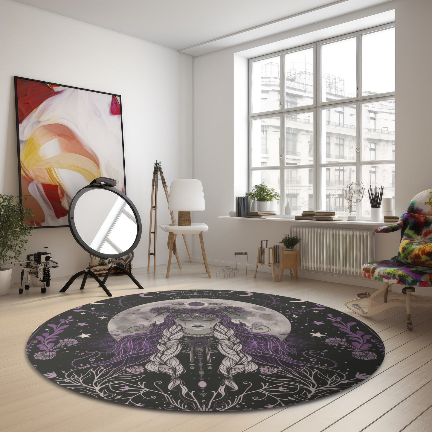 Lunar Goddess & Wildflowers Round Chenille Rug for Meditation, Living Room, and Bedroom – Full Moon and Dark Occult Design