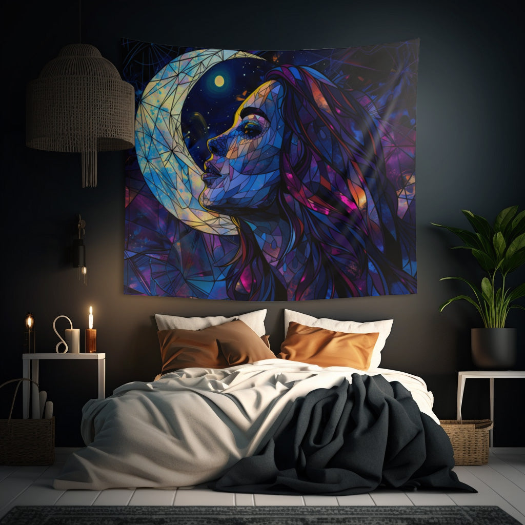 Starry-Eyed Lunar Goddess Stained Glass Wall Tapestry, Celestial Charm Decor, Enigmatic Beauty for Contemplative & Mystical Spaces