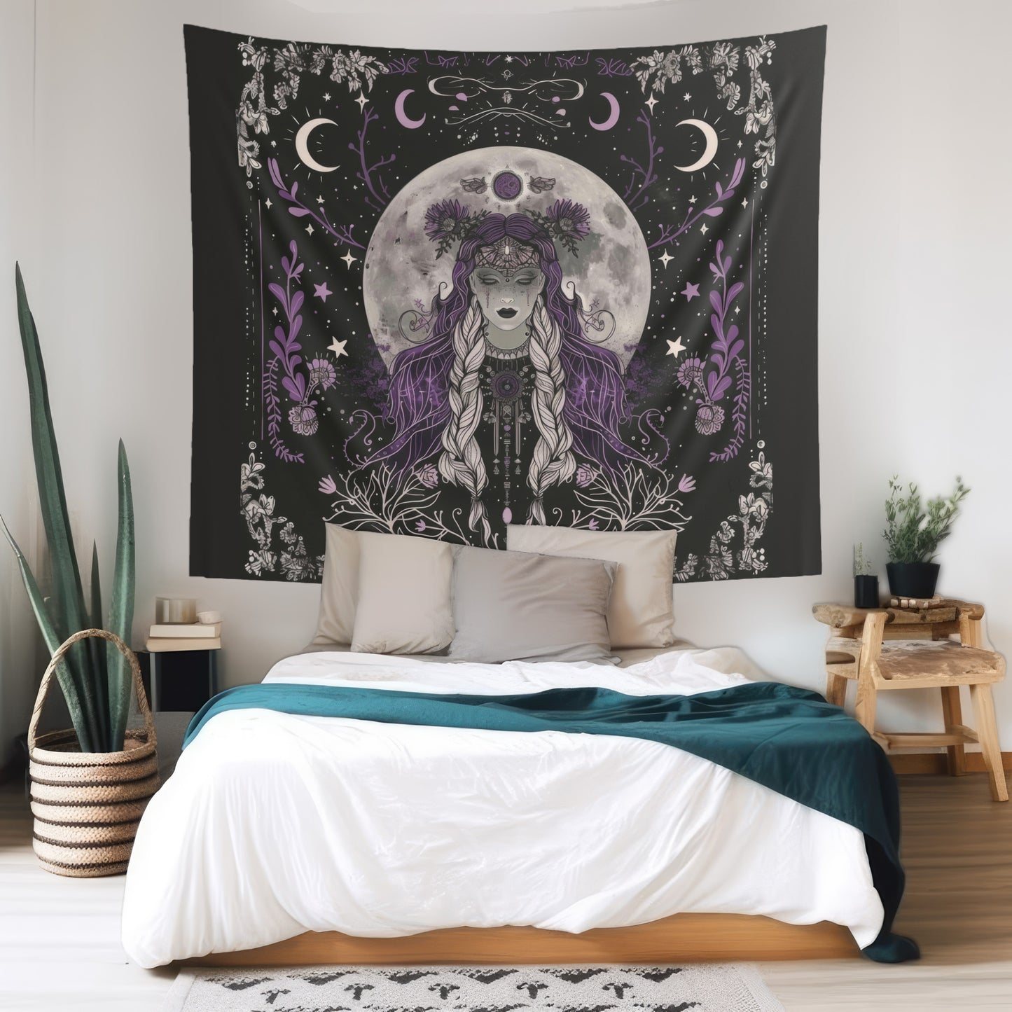 Enchanted Lunar Goddess & Wildflower Wall Tapestry – Mystical Moonlit Decor for Home & Dorm