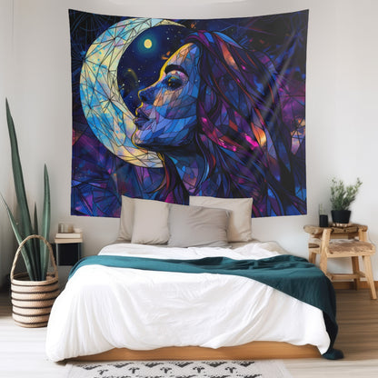 Starry-Eyed Lunar Goddess Stained Glass Wall Tapestry, Celestial Charm Decor, Enigmatic Beauty for Contemplative & Mystical Spaces