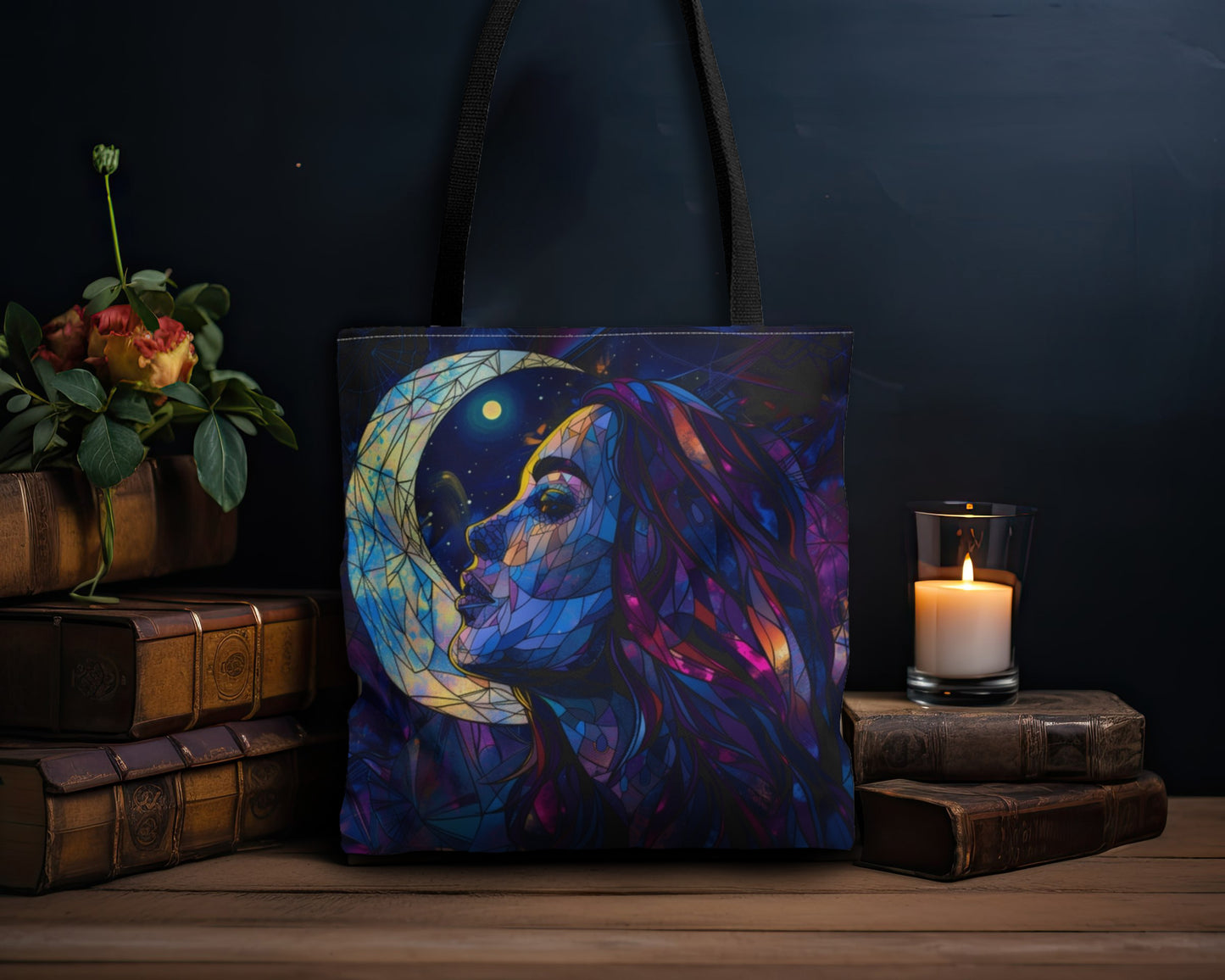 Celestial Lunar Goddess Stained Glass Tote Bag, Ethereal Night Sky Design, Artistic Carryall with Black Handles for Daily Use & Inspiration