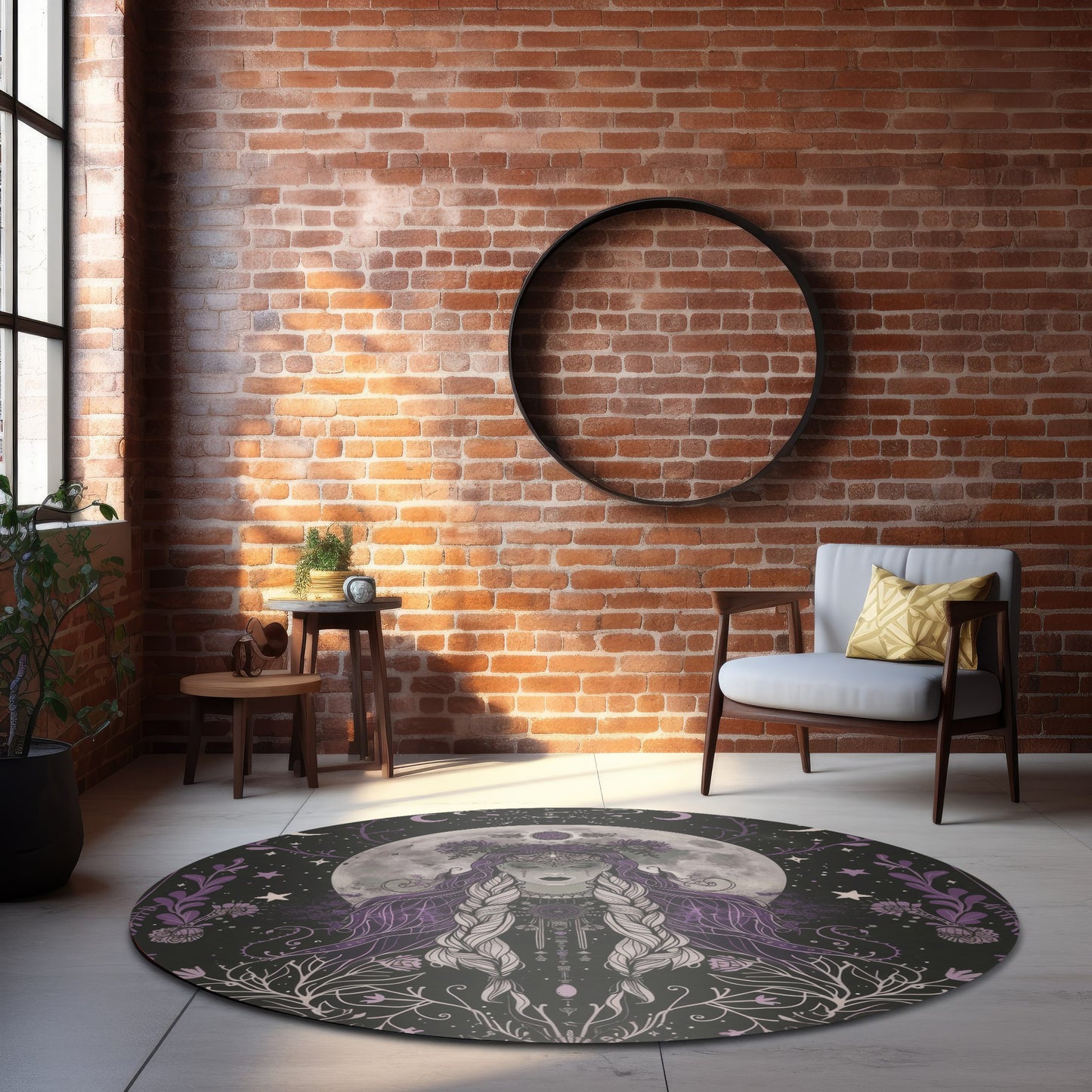 Lunar Goddess & Wildflowers Round Chenille Rug for Meditation, Living Room, and Bedroom – Full Moon and Dark Occult Design