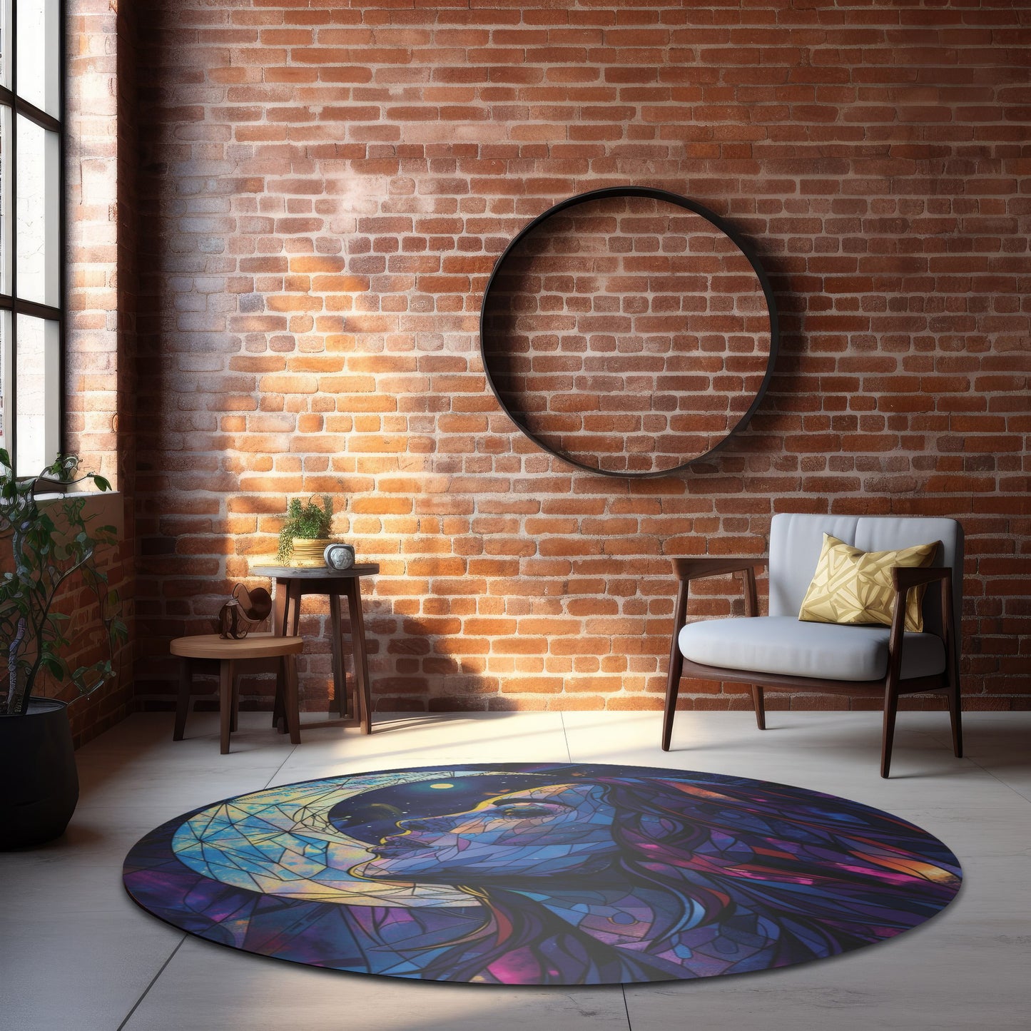 Moonlit Muse Stained Glass Chenille Round Rug, Celestial Lunar Goddess Design, Mystical Decor for Meditation & Tranquil Living Spaces